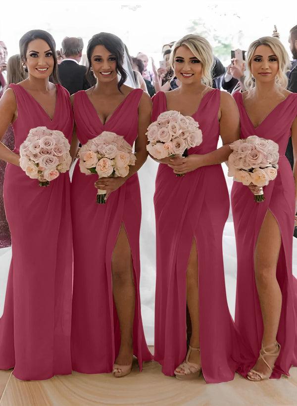 Cowl Neck Sleeveless Chiffon Bridesmaid Dresses With Front Split