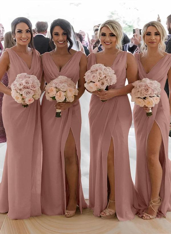 Cowl Neck Sleeveless Chiffon Bridesmaid Dresses With Front Split