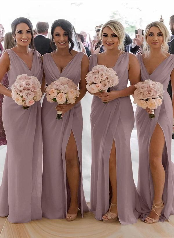 Cowl Neck Sleeveless Chiffon Bridesmaid Dresses With Front Split