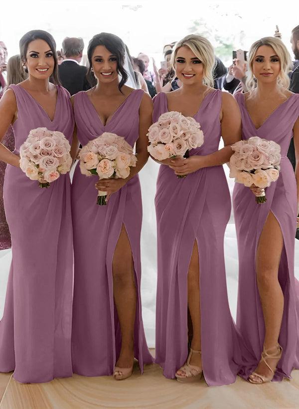Cowl Neck Sleeveless Chiffon Bridesmaid Dresses With Front Split