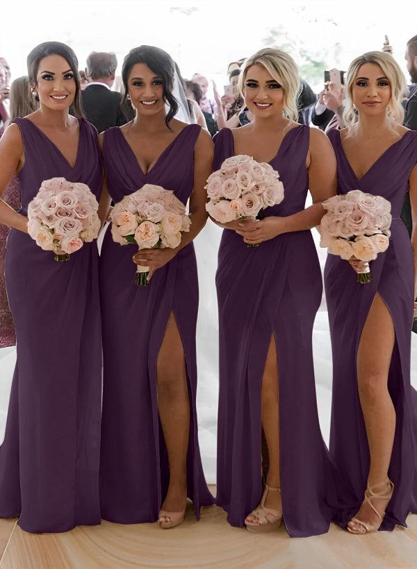 Cowl Neck Sleeveless Chiffon Bridesmaid Dresses With Front Split