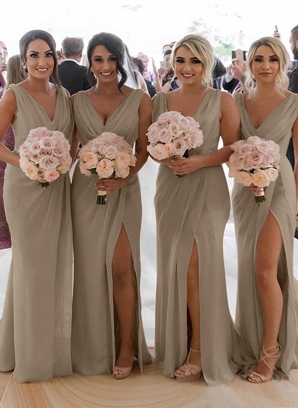 Cowl Neck Sleeveless Chiffon Bridesmaid Dresses With Front Split