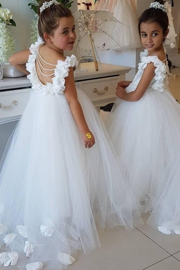Cute Tulle Appliques Backless Flower Girl Dresses with Pearls