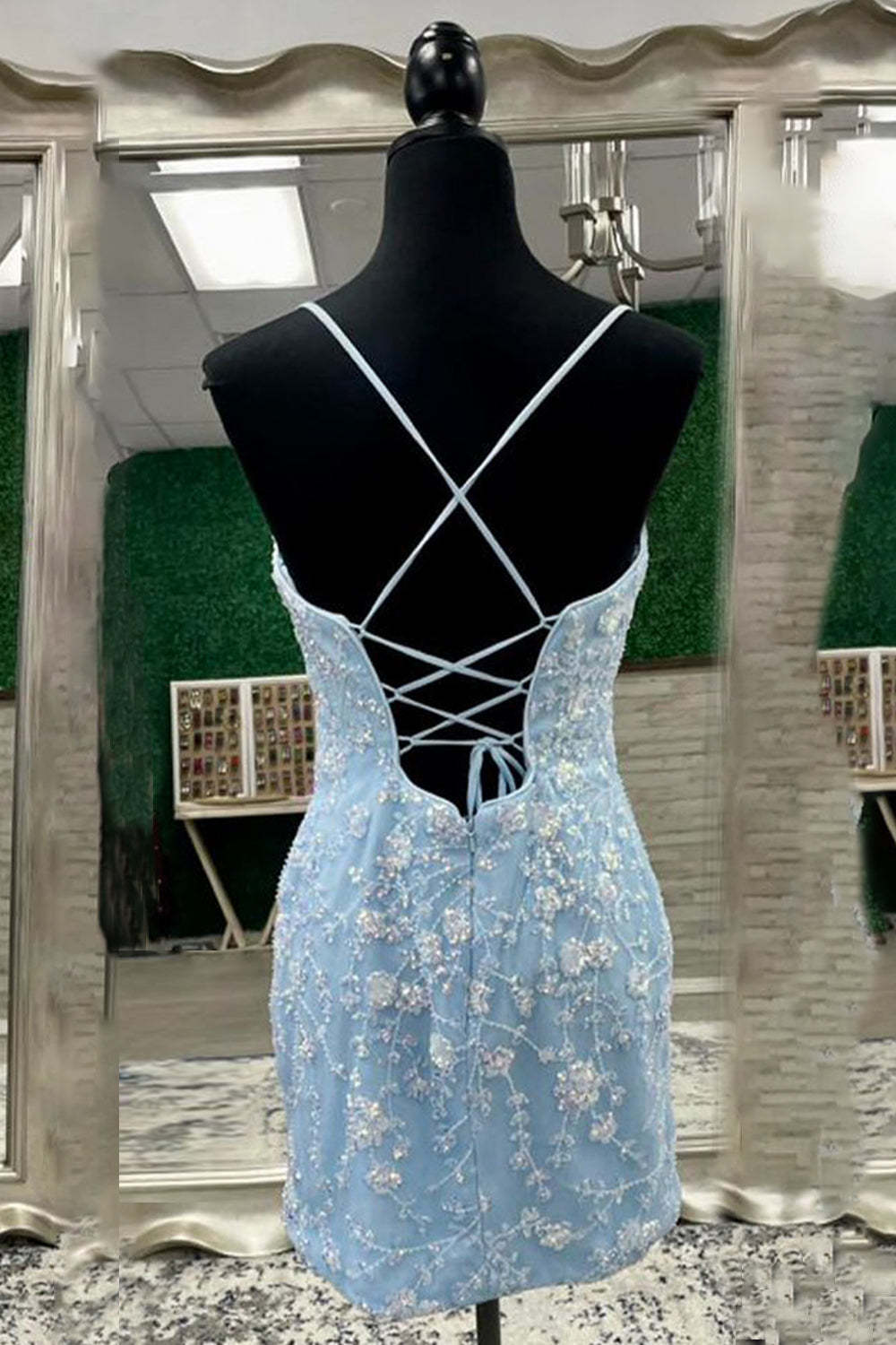 Stylish Bodycon Spaghetti Straps Light Blue Short Cocktail Dress With Beaded