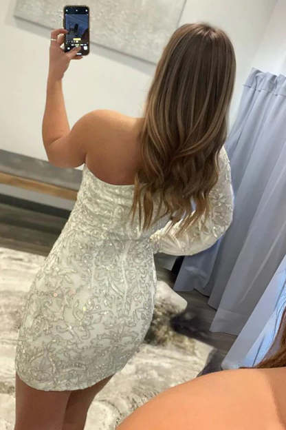 Hot Pink Beaded Sequins One Shoulder Tight Cocktail Dress