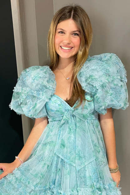 A Line Sweetheart Puff Sleeves Light Green Floral Short Cocktail Dress With Ruffles