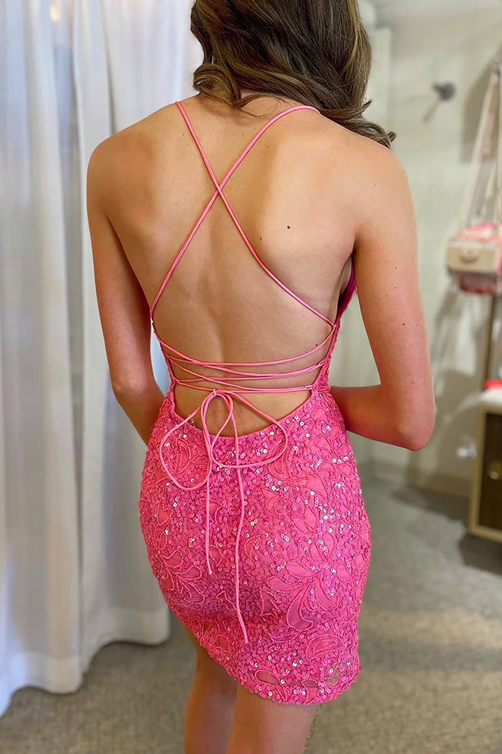 Sparkly Sheath Spaghetti Straps Pink Sequins Short Cocktail Dress