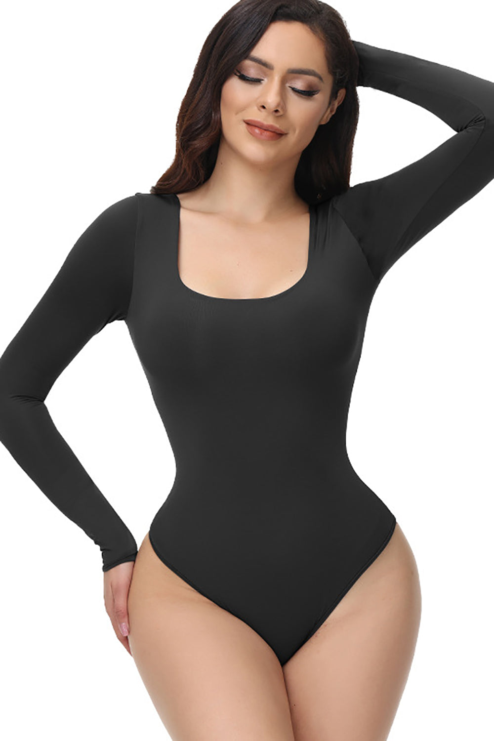 Scoop Neck Shapewear with Tummy Control in Black Long Sleeves