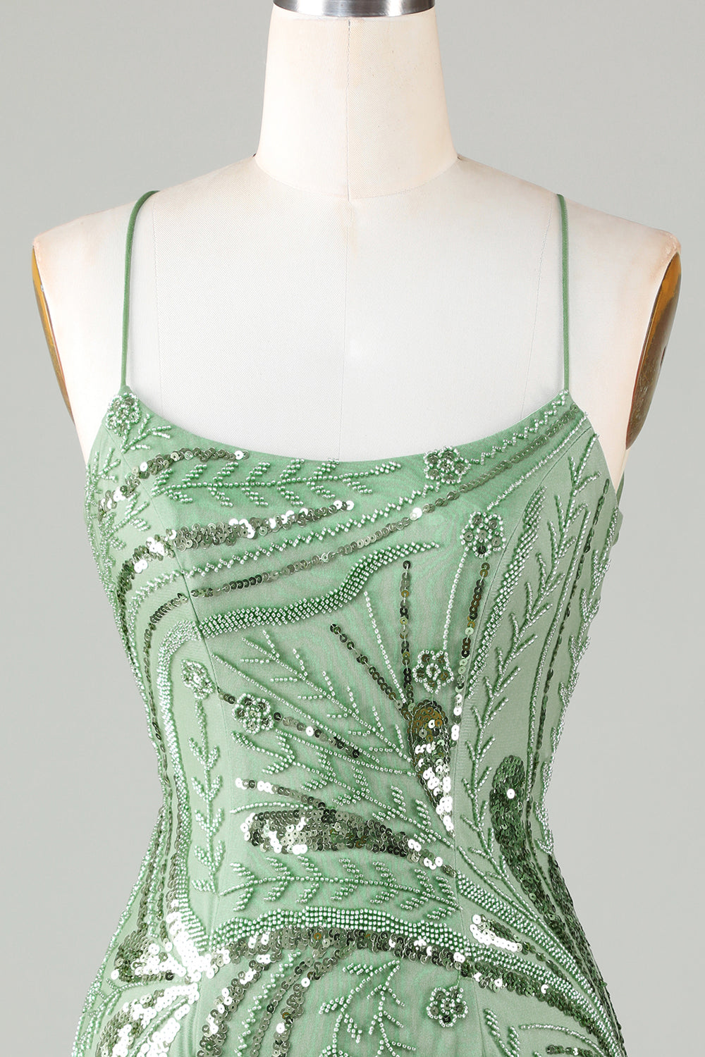 Sparkly Sheath Spaghetti Straps Green Short Cocktail Dress With Criss Cross Back