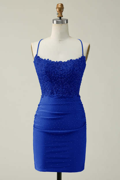 Stylish Sheath Spaghetti Straps Royal Blue Short Cocktail Dress With Appliques