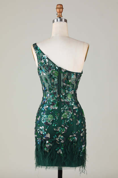 Bodycon One Shoulder Green Sequins Short Cocktail Dress With Feather