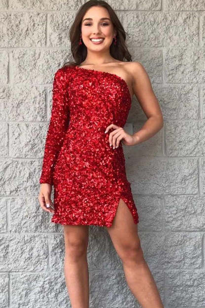 Fuchsia Sequins Cocktail Dress With Sleeves