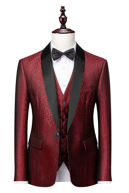 Men's 3-Piece Jacquard Suits with Black Shawl Lapel