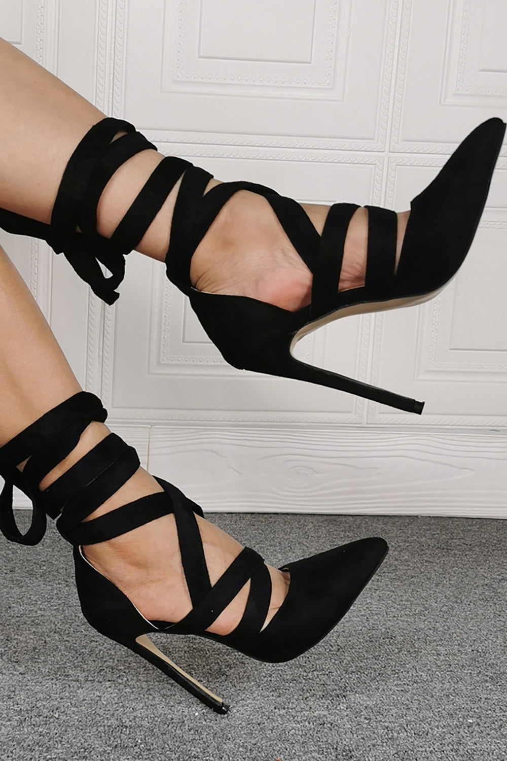 Black Strappy High Heels with Pointed Toe