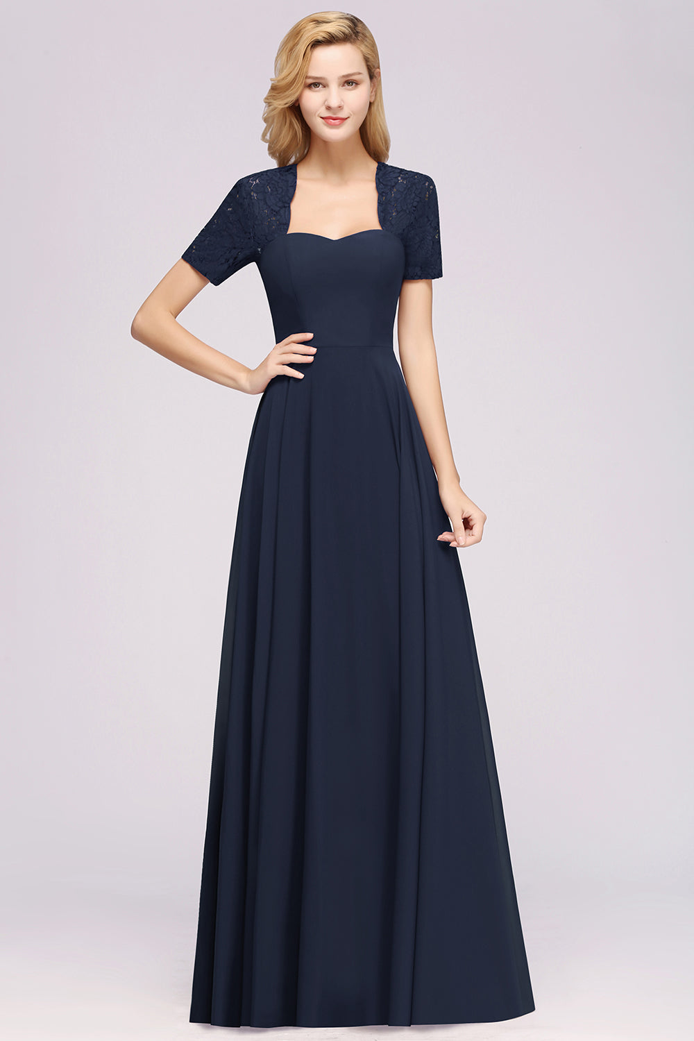 Dark Navy Open-Back Long Bridesmaid Dress With Short Sleeves