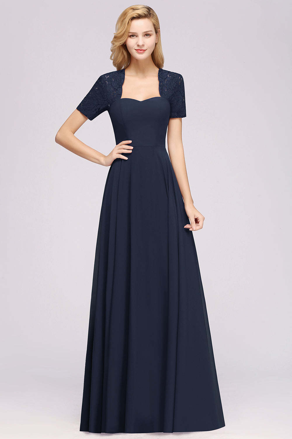 Dark Navy Open-Back Long Bridesmaid Dress With Short Sleeves