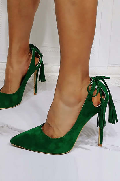 High Heel Stilettos with Dark Green Velvet Tassels