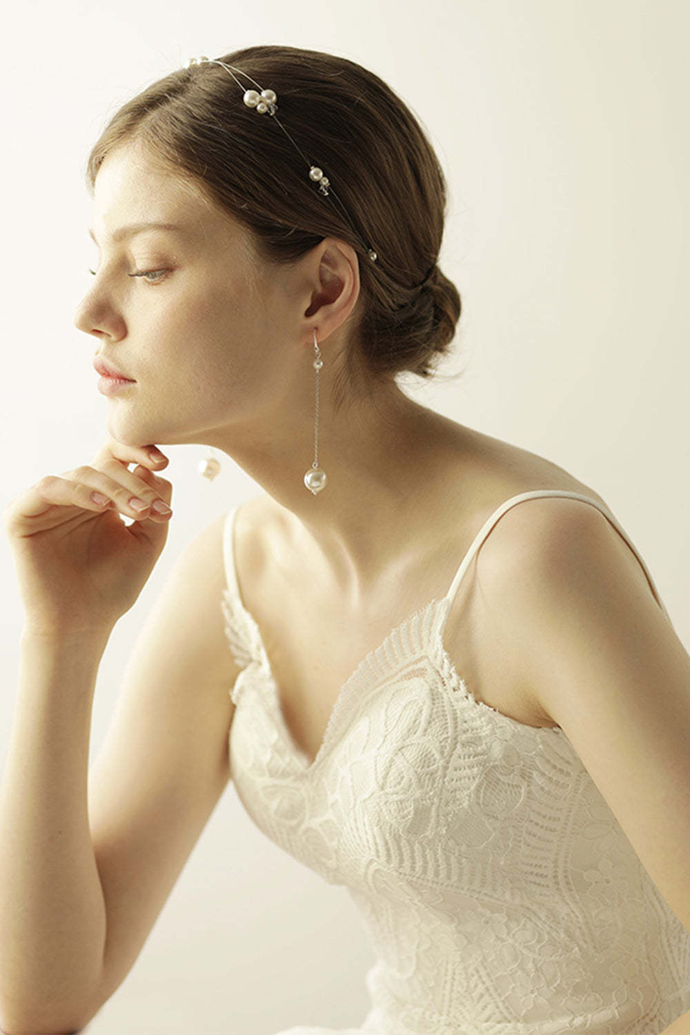 Bridal Headband Earrings with Large Pearl Fish Silk Thread