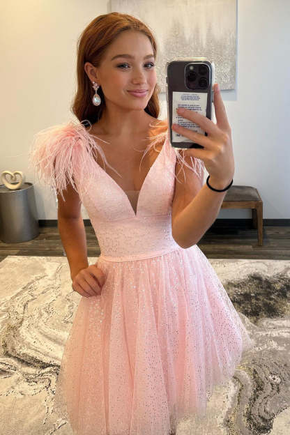 A Line Deep V Neck Light Pink Short Cocktail Dress With Feather