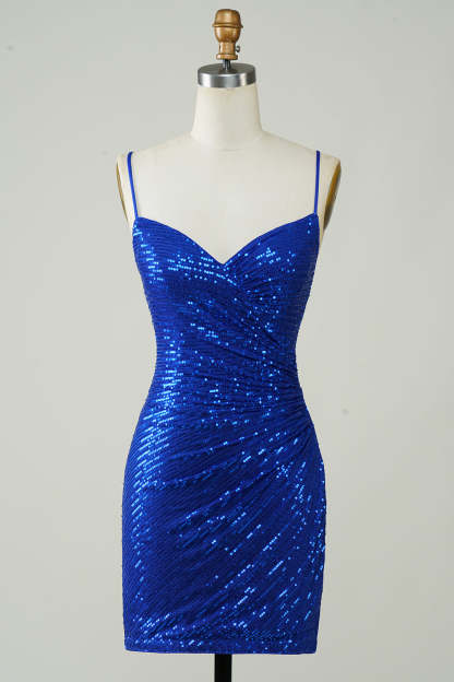 Blue Sequins Tight Backless Short Cocktail Dress