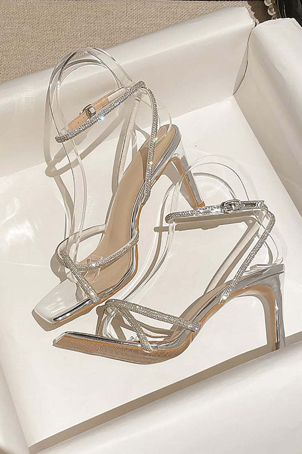 Open Toe Rhinestone Heeled Sandal Pump