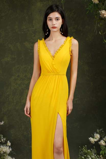 Deep V neck Sleeveless Split Front Floor-Length Prom dress