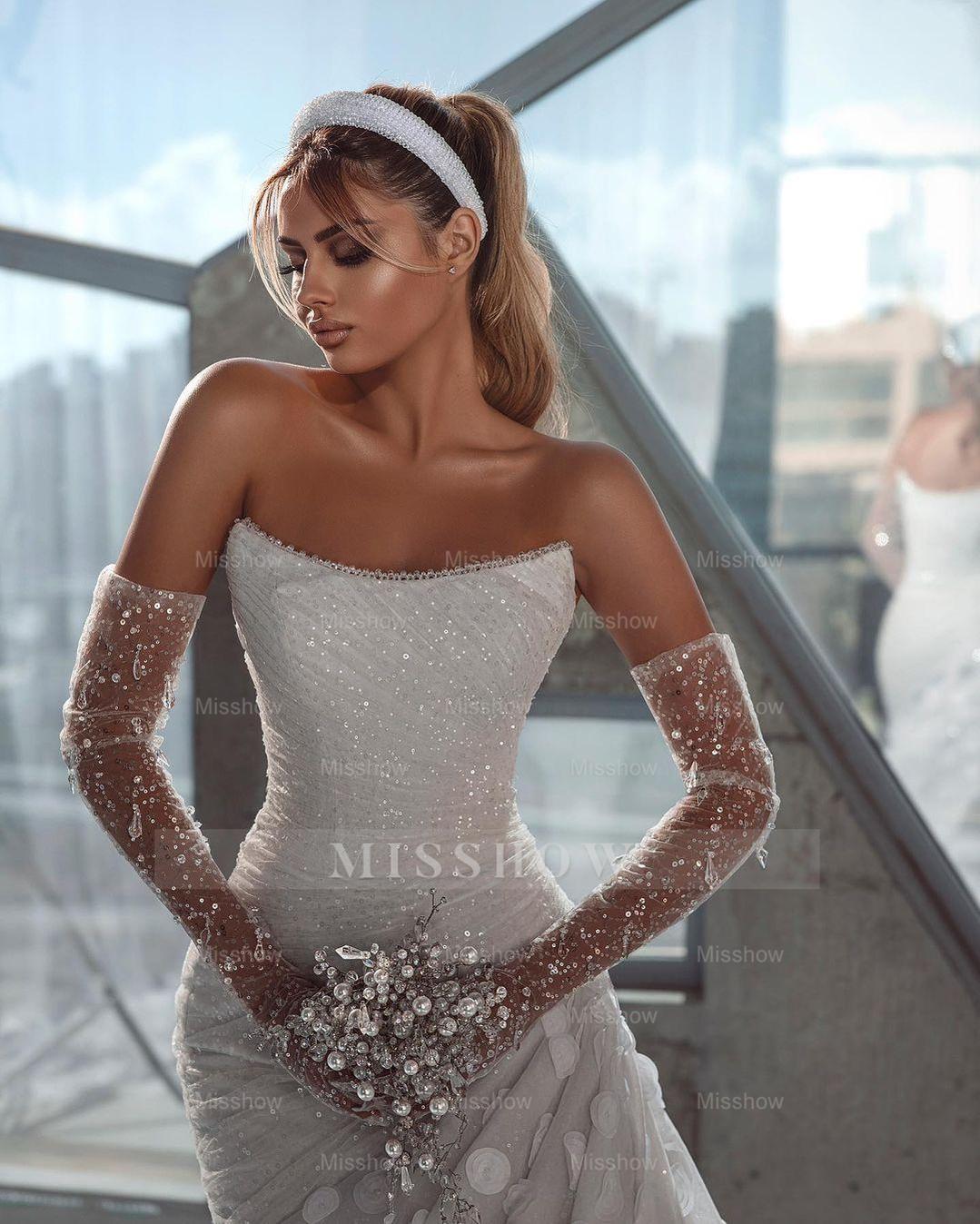 Deluxe Floor Length Strapless Sleeveless Sequined Wedding Dress with Ruffles