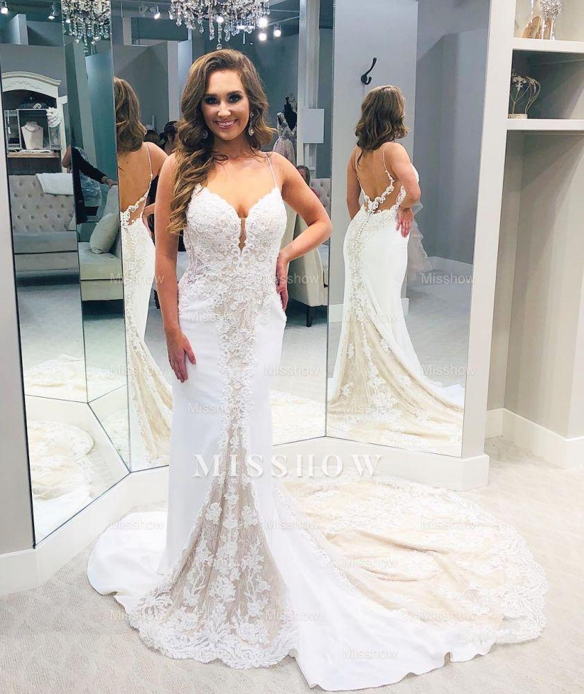 Designer Backless Spaghetti-Straps Column Wedding Dress