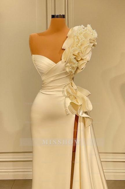 Designer Long White One Shoulder Ruffles Split Wedding Dress With Glitter