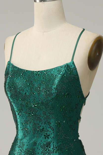 Dark Green Beaded Bodycon Prom Dress With Criss Cross Back