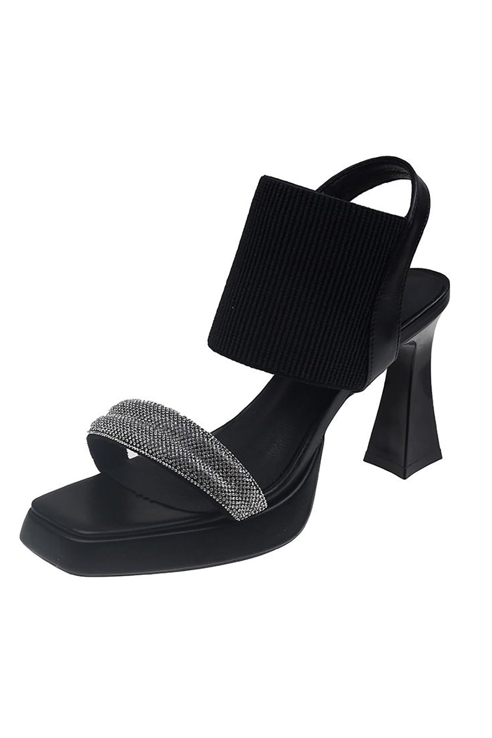 Solid Rhinestone Elastic Sandals with Thick Heel and Fish Mouth Design
