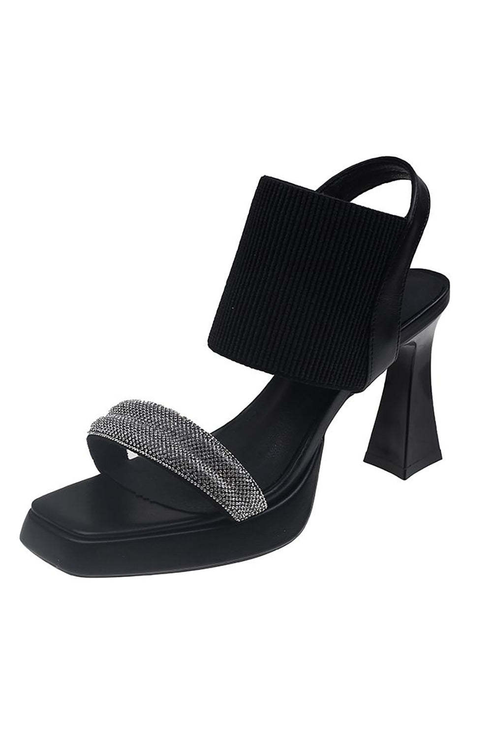 Solid Rhinestone Elastic Sandals with Thick Heel and Fish Mouth Design