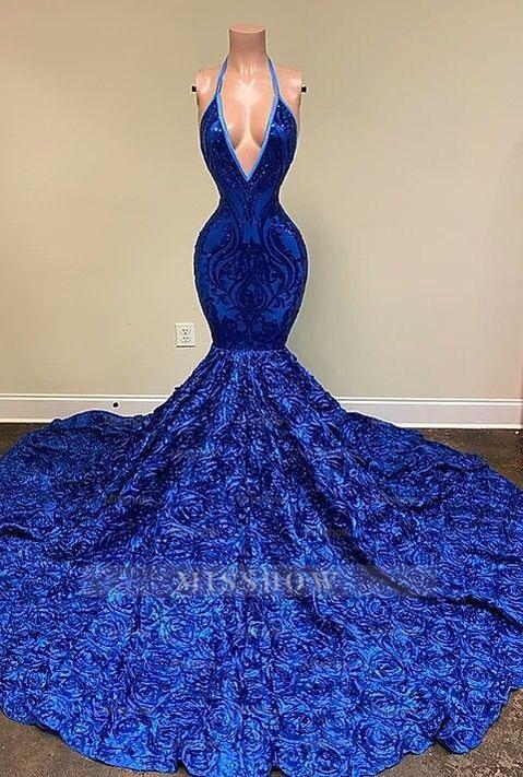 Dignified Blue Halter V-neck Sequins Split Front Sleeveless Floor-length Mermaid Prom Dresses