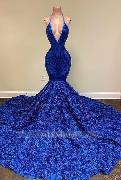 Dignified Blue Halter V-neck Sequins Split Front Sleeveless Floor-length Mermaid Prom Dresses