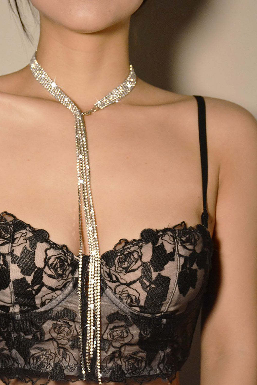 Long Crystal Collar Necklace in Sparkly Silver