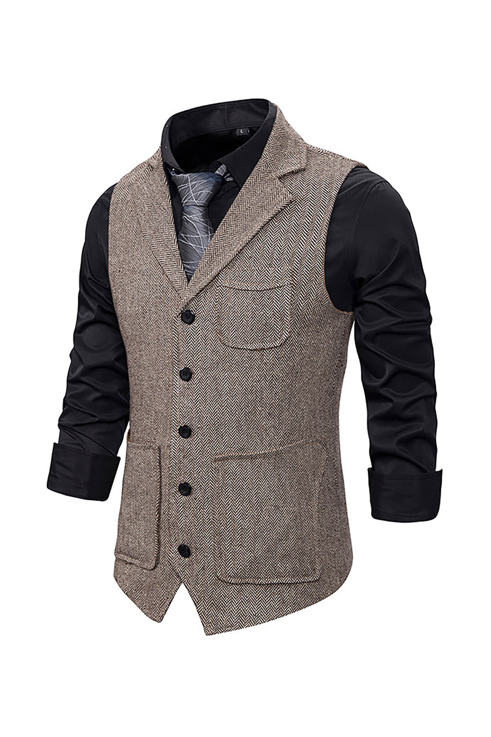 Men's Single Breasted Tweed Vest with Notched Lapel in Brown