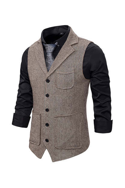 Men's Single Breasted Tweed Vest with Notched Lapel in Brown