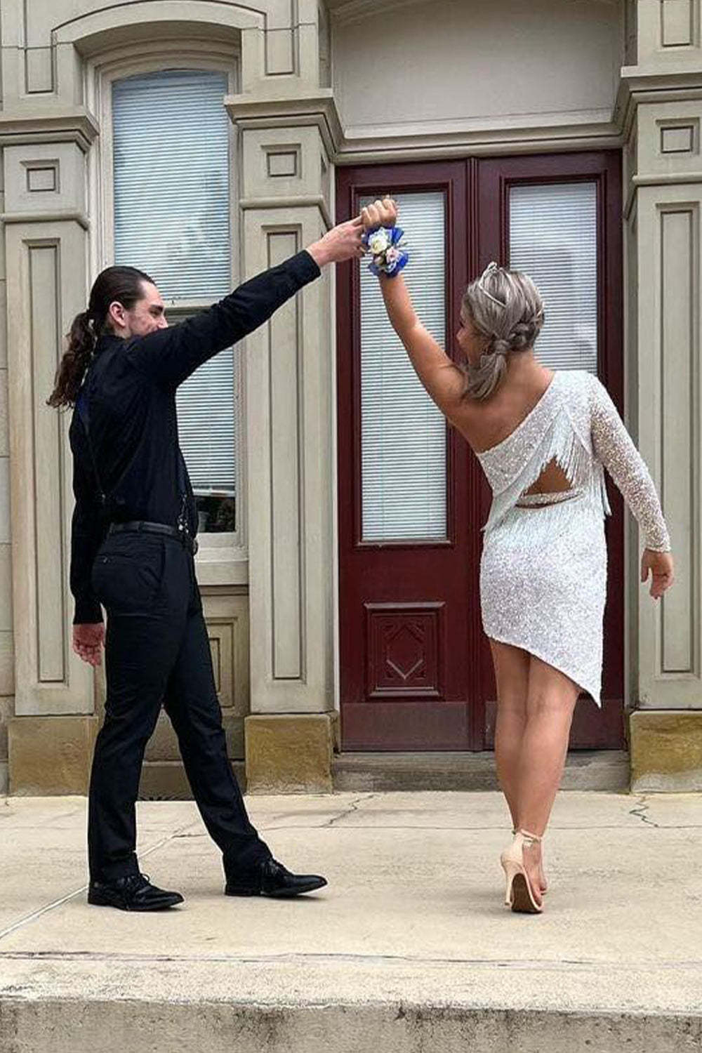 Sparkly Sheath One Shoulder Sky Blue Sequins Short Cocktail Dress With Fringes