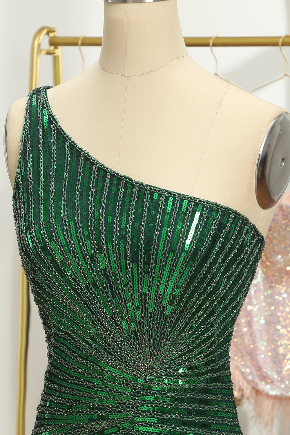 Sparkly Sheath Glitter Green One Shoulder Beaded Tight Cocktail Dress