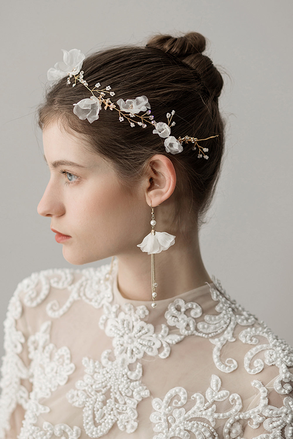 Bridal Headband Earrings with Beaded Flowers