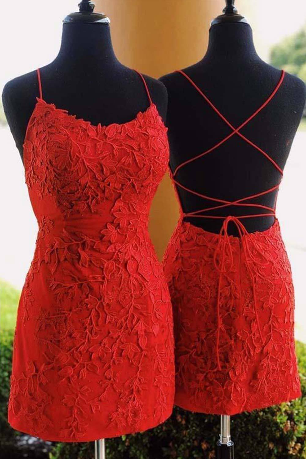 Sheath Spaghetti Straps Orange Short Cocktail Dress With Appliques