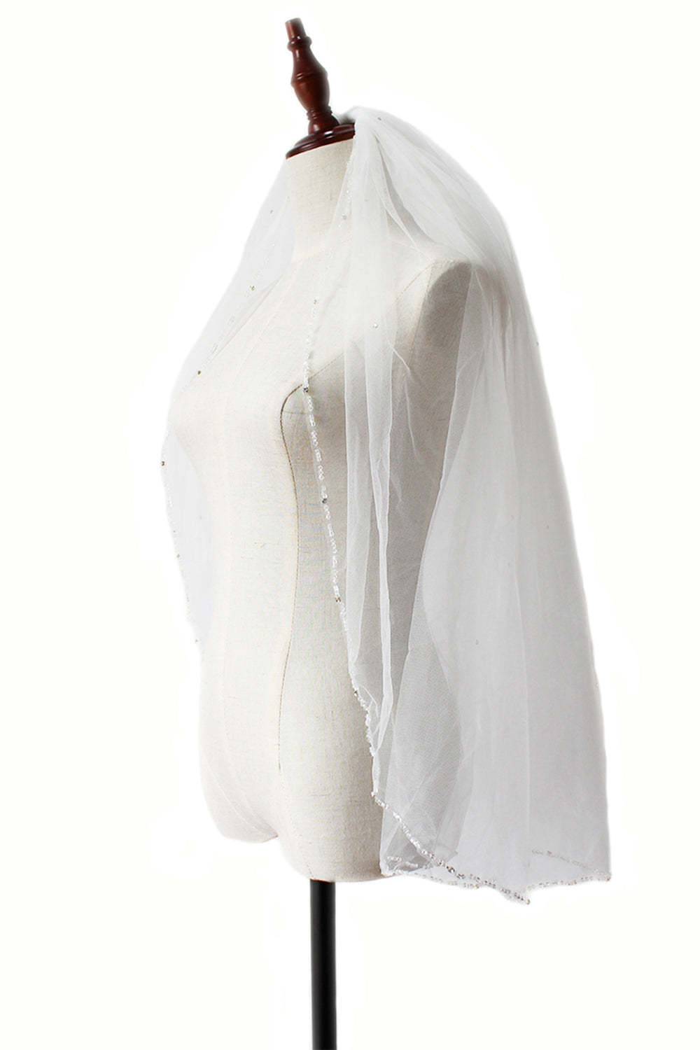 Beaded Mid-Length White Bridal Veil Handcrafted with Care