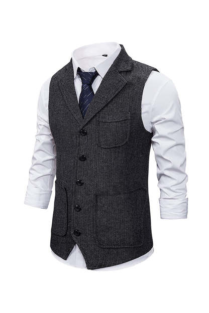 Men's Single Breasted Tweed Vest with Notched Lapel in Brown
