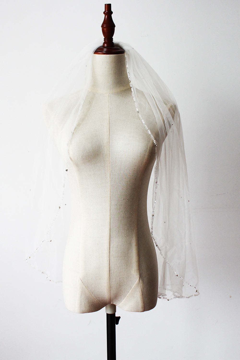 Beaded Mid-Length White Bridal Veil Handcrafted with Care