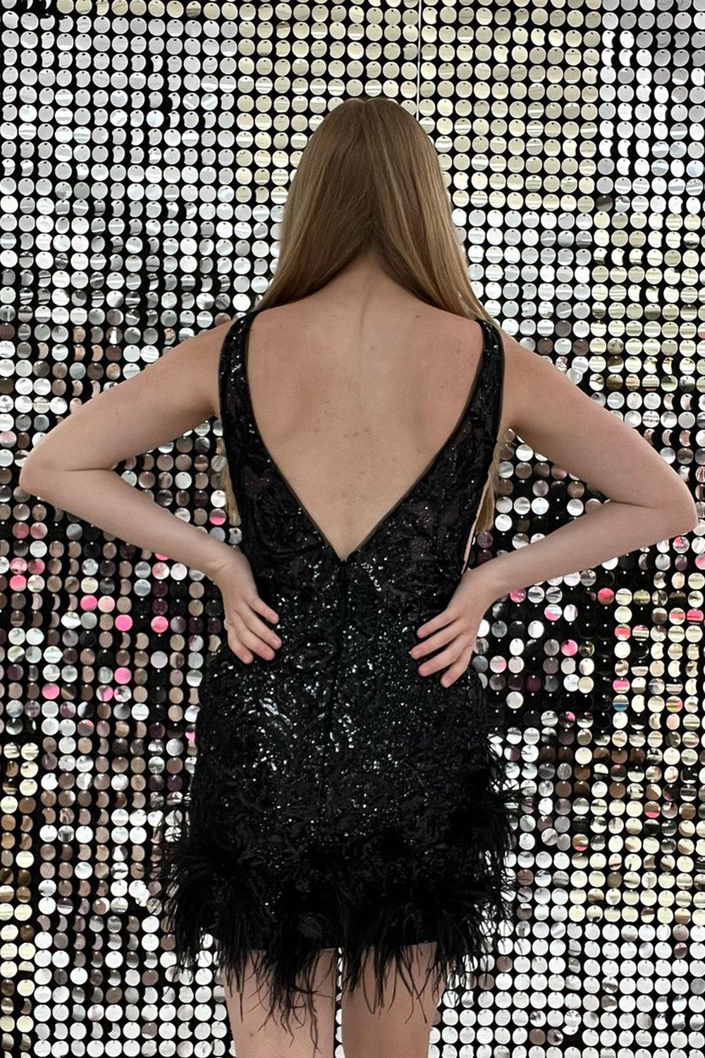 Sparkly Sheath Deep V Neck Orange Sequins Short Cocktail Dress With Feather