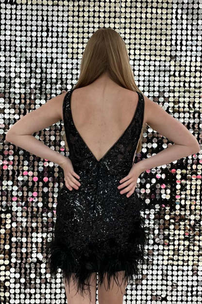 Sparkly Sheath Deep V Neck Orange Sequins Short Cocktail Dress With Feather