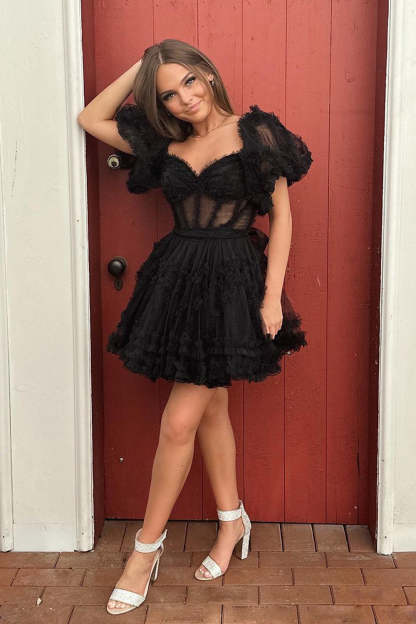 Cute A Line Off The Shoulder Black Tulle Corset Cocktail Dress