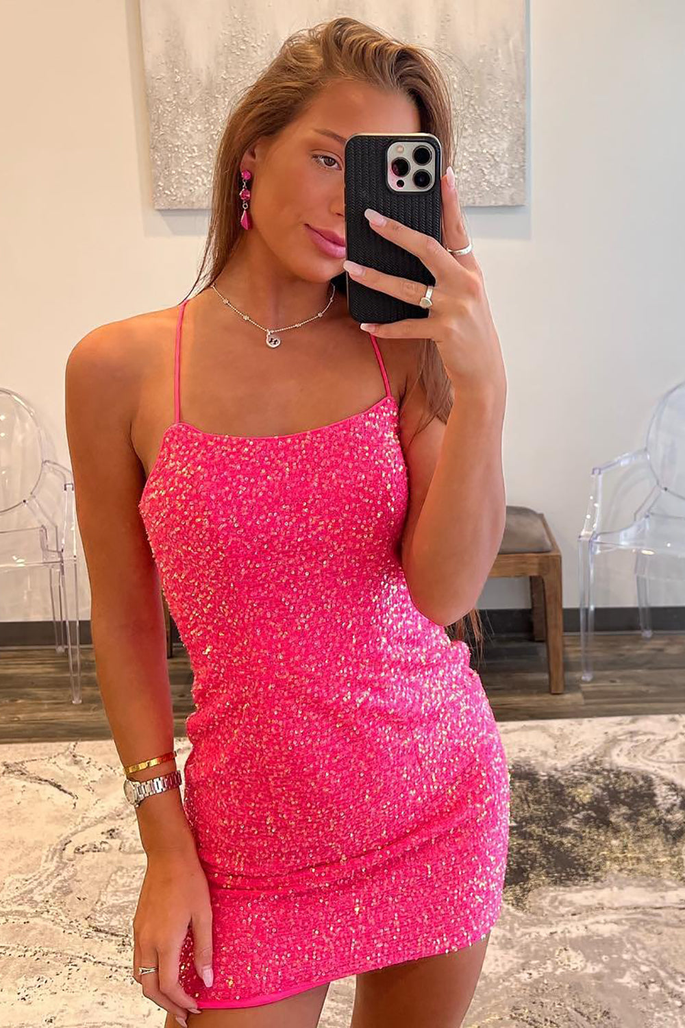 Glitter Sheath Spaghetti Straps Hot Pink Sequins Short Cocktail Dress