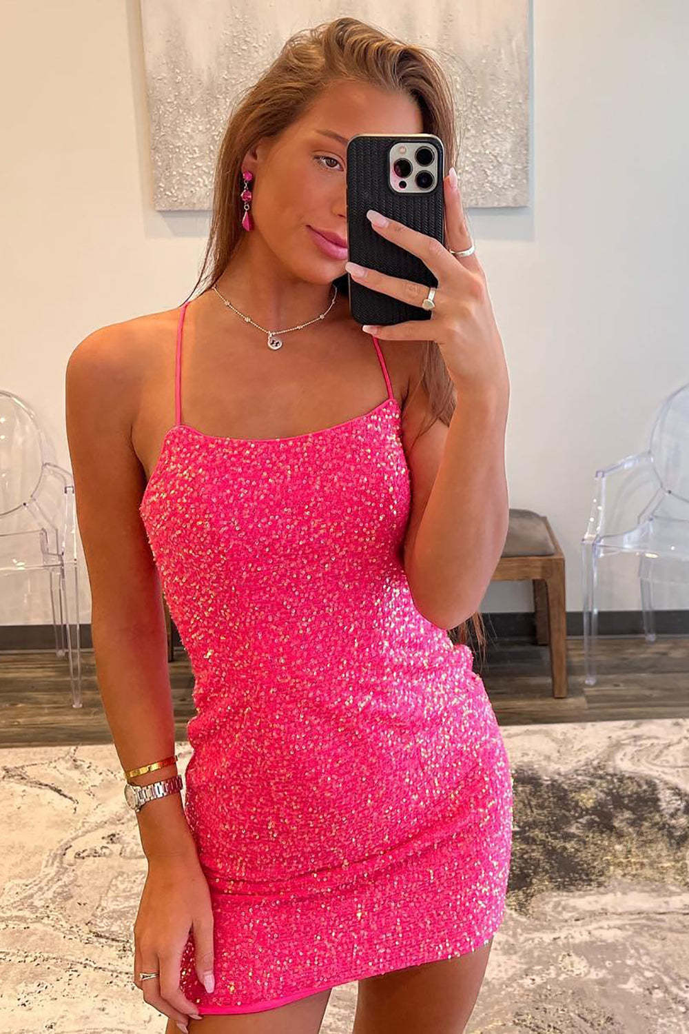 Glitter Sheath Spaghetti Straps Hot Pink Sequins Short Cocktail Dress