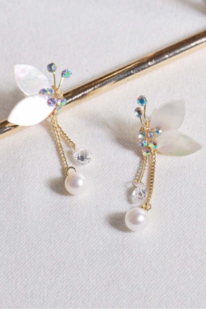Butterfly Earrings with Freshwater Pearl and Crystal Shell